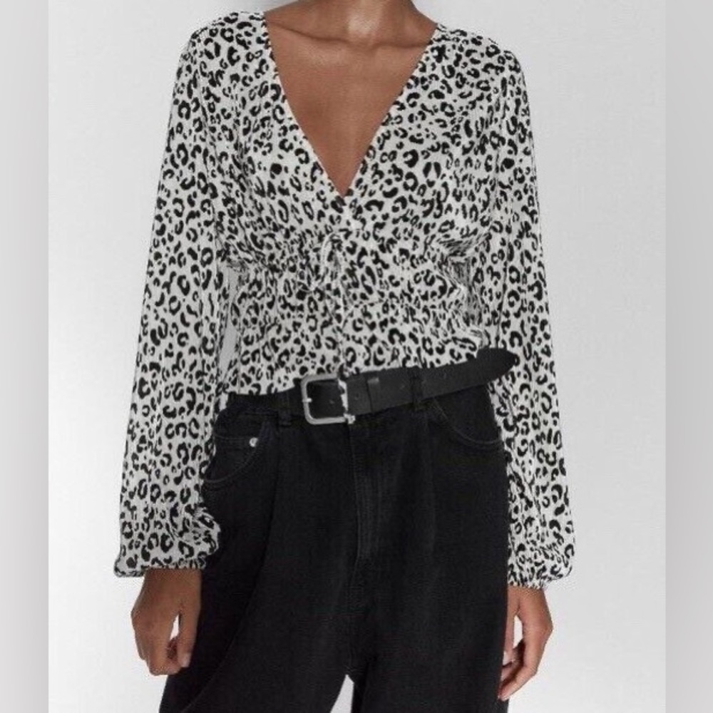 Zara Black and White Leopard Print Pleated Wrap Top